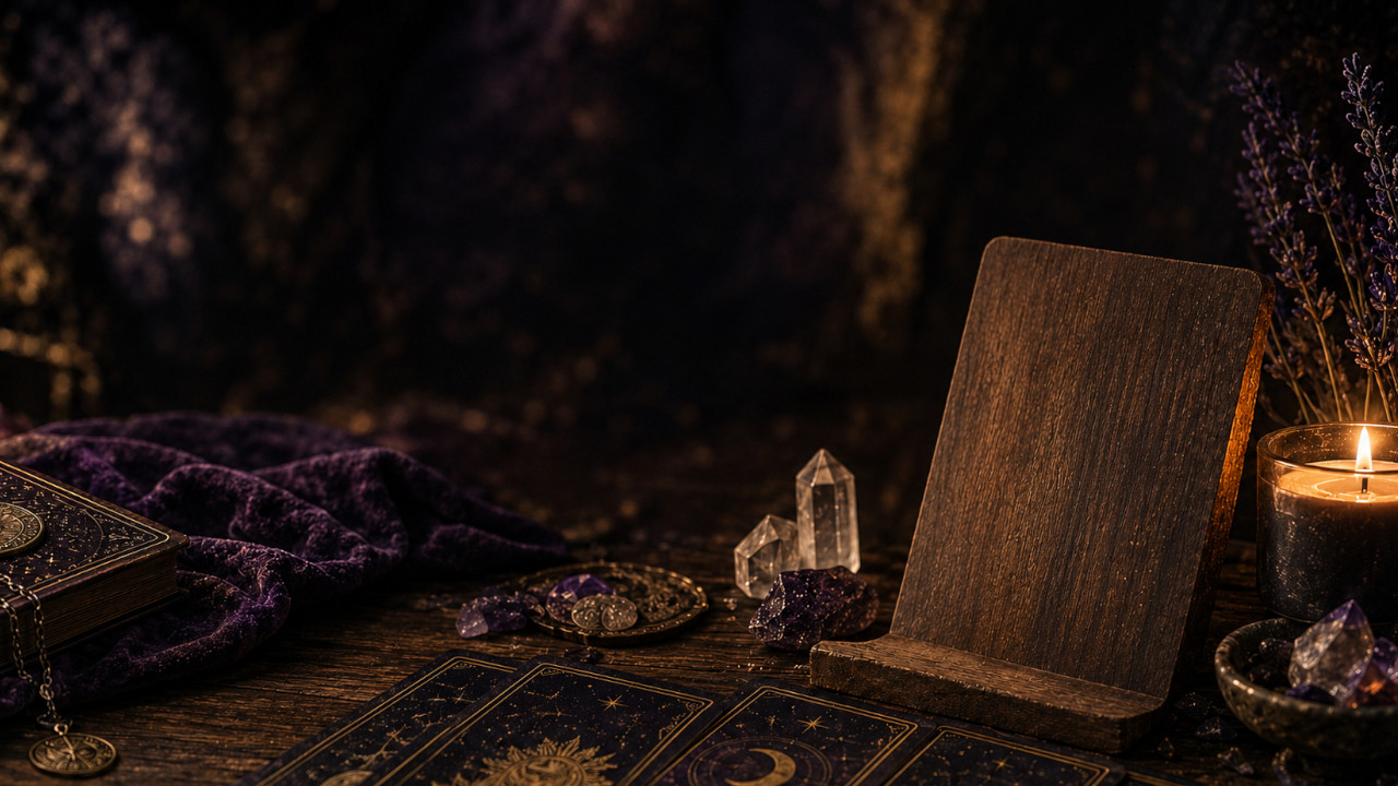 A candlelit reading table: an old book, crystals, tarot cards and a lit candle